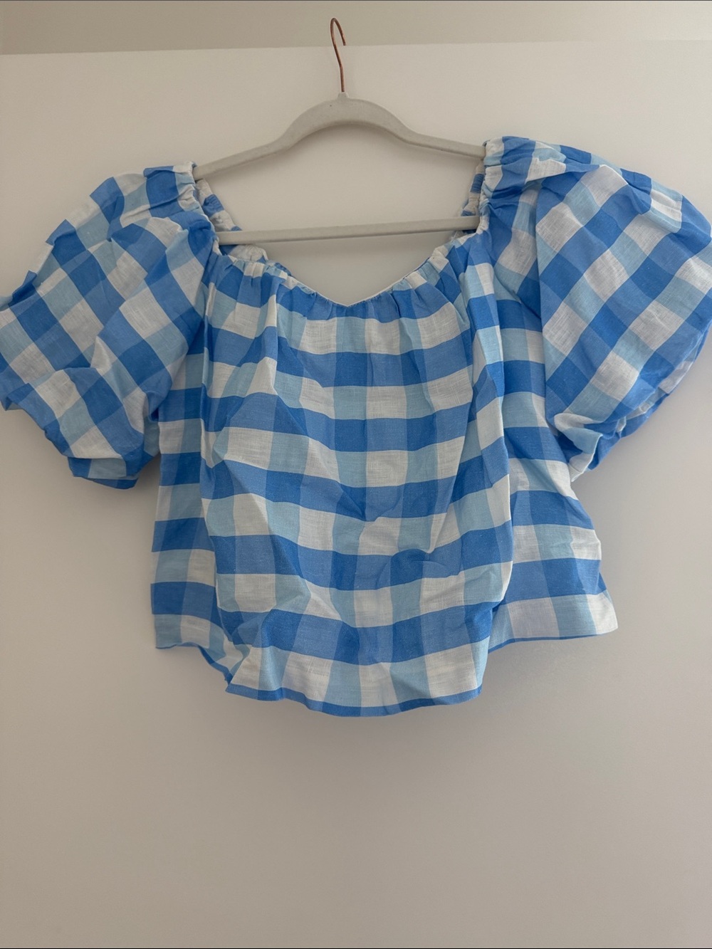 RHODE Blue and White Gingham On or Off-Shoulder Crop Top
